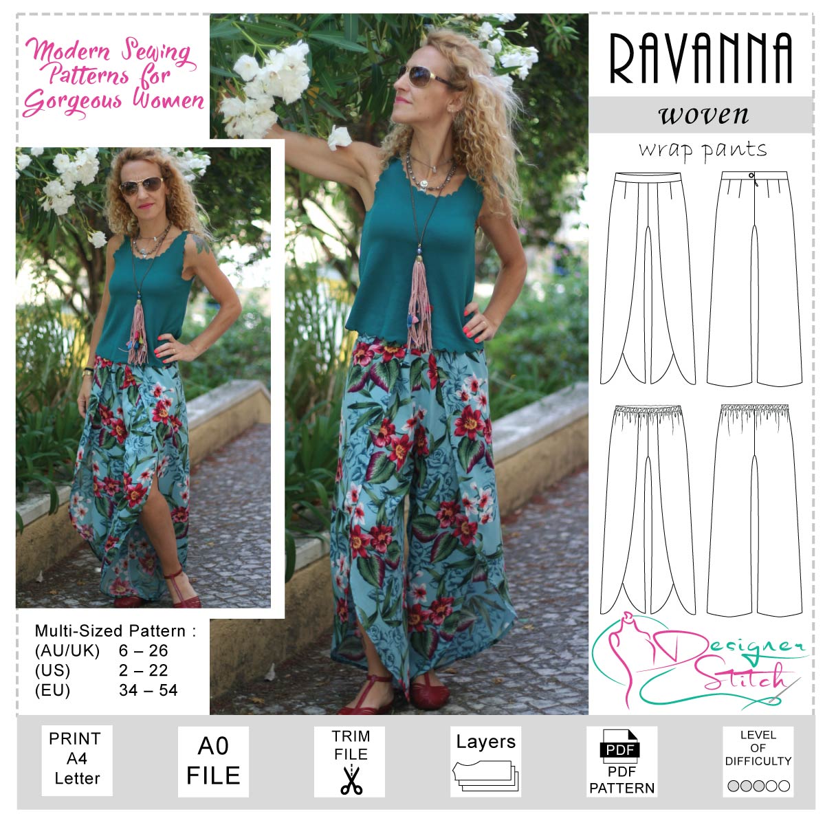 Ravanna Wrap Pants Sewing Pattern (PDF) - Designer Stitch