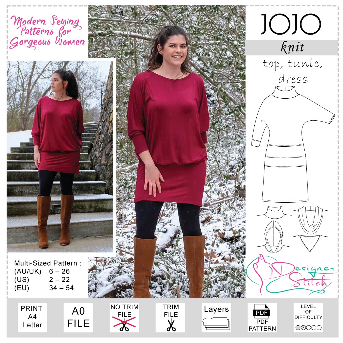 Jojo Top Tunic Dress Sewing Pattern Pdf Designer Stitch