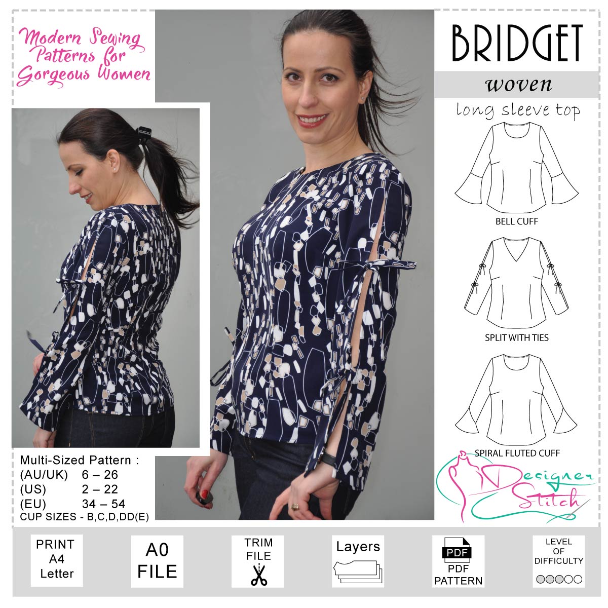 bomuld Flourish Sicilien Bridget Long Sleeve Top Sewing Pattern (PDF) - Designer Stitch