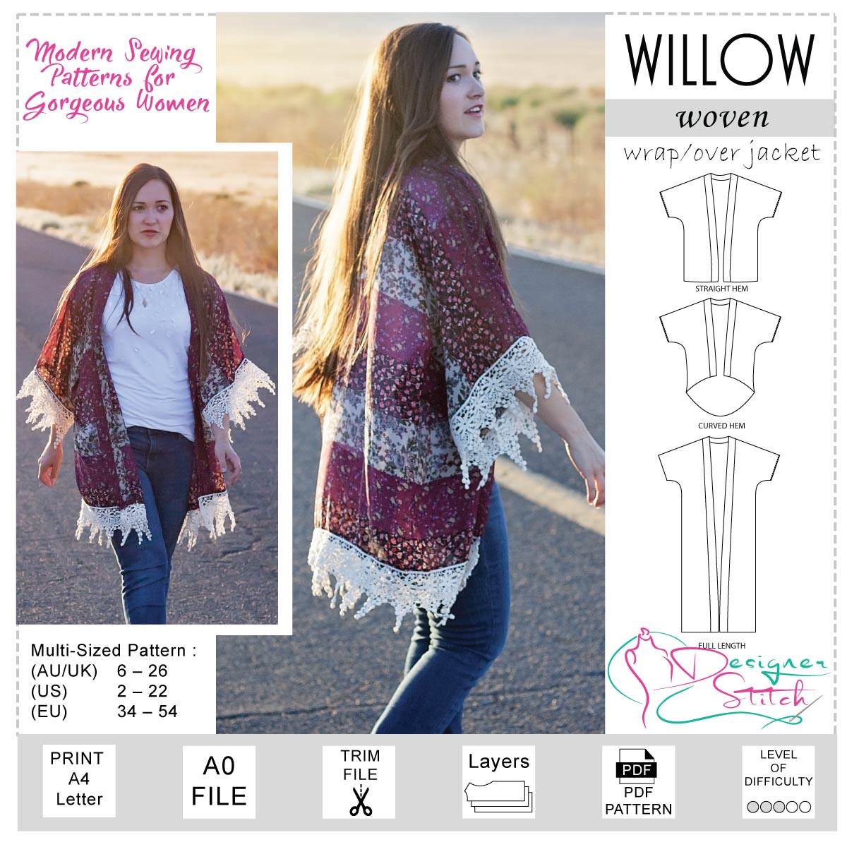 Kimono Cardigan Digital PDF Sewing Pattern US Size XS-2X Instant Download  Sewing Pattern Summer 