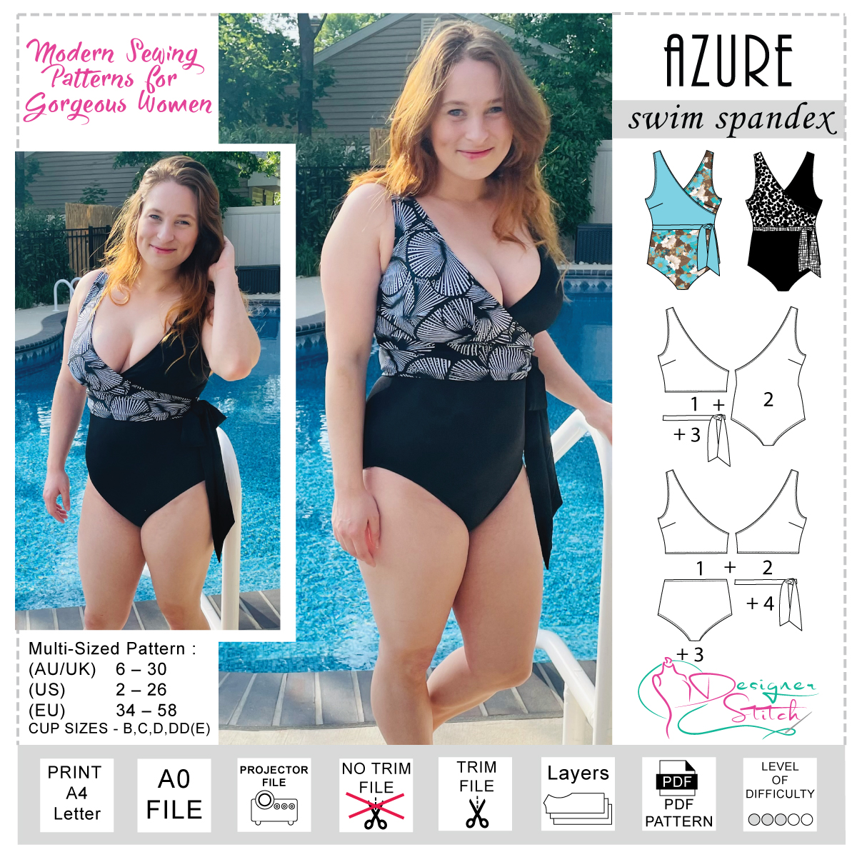 Rubber Kraan Formuleren Azure Swimsuit Sewing Pattern (PDF) - Designer Stitch