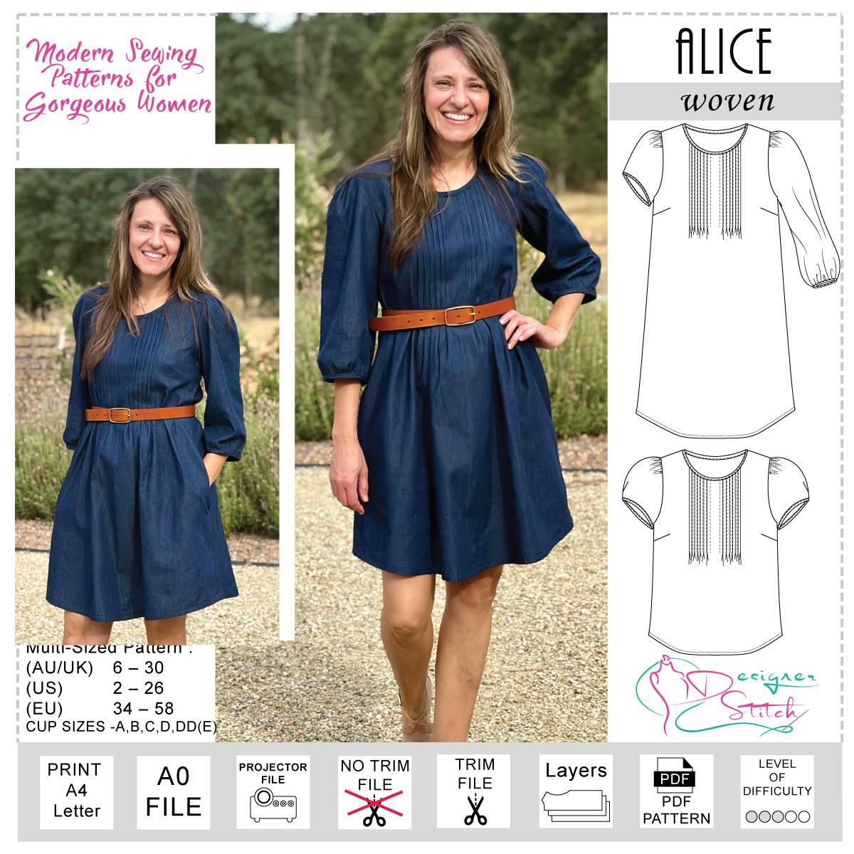 modern ladies dress patterns Alice Top and PDF Sewing Pattern size-group:7